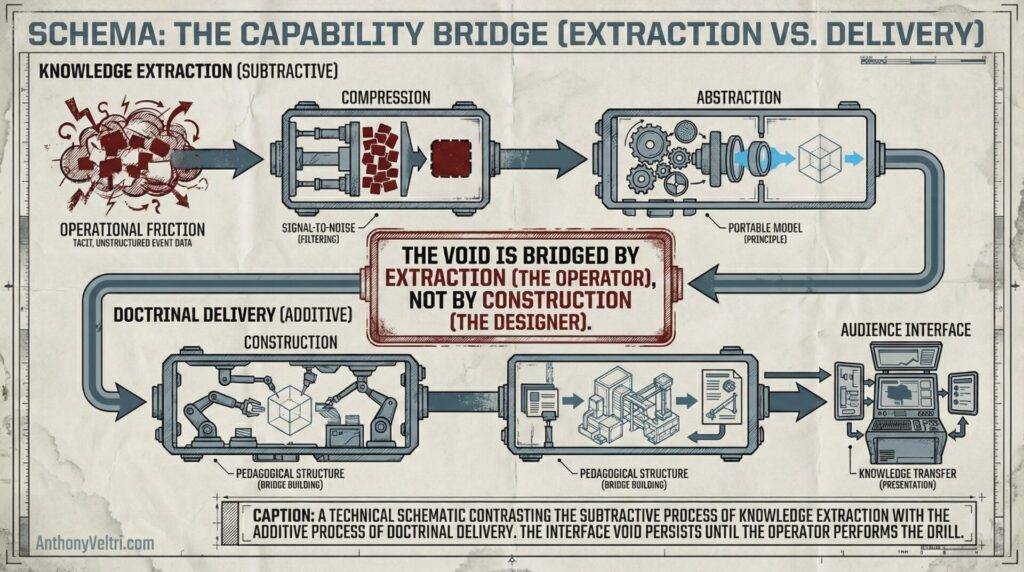 This diagram illustrates how knowledge extraction (compression and abstraction) differs from doctrinal delivery, emphasizing extraction.