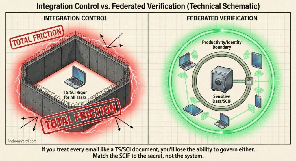 This diagram illustrates contrasting security models: isolated integration control with noted friction and federated verification around secured data.