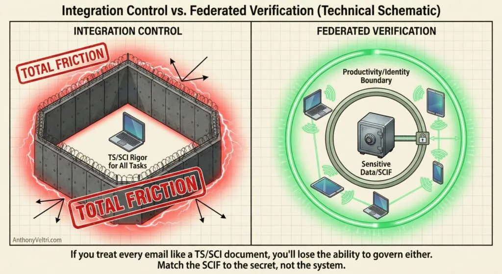 This diagram illustrates contrasting security models: isolated integration control with noted friction and federated verification around secured data.