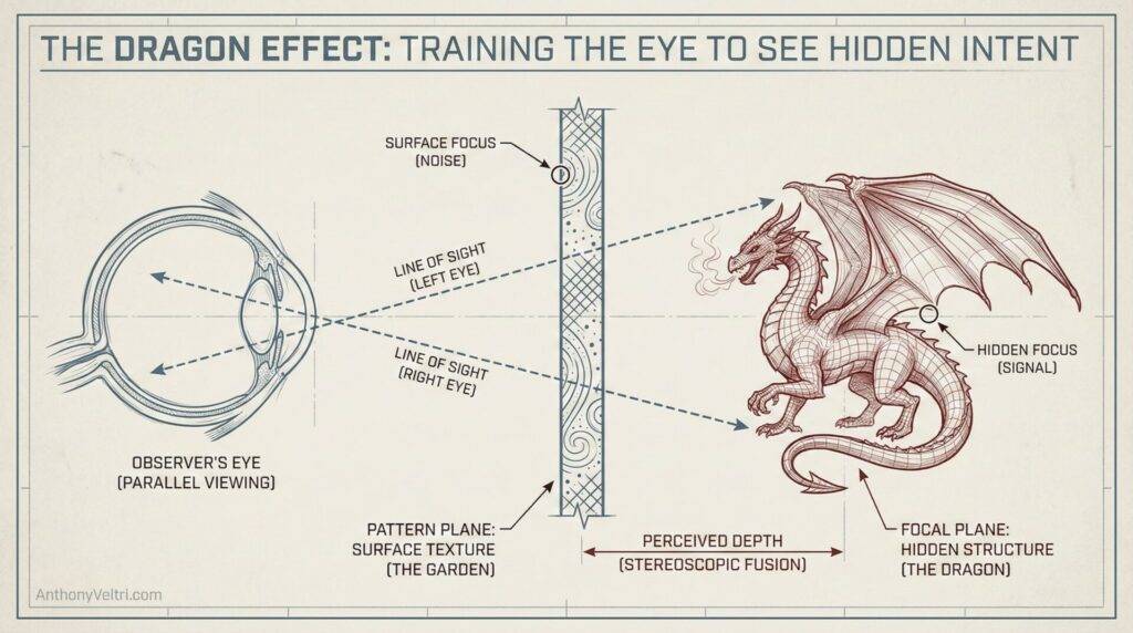 This diagram illustrates stereoscopic fusion and depth perception, suggesting how hidden intent may be visually detected as structure.