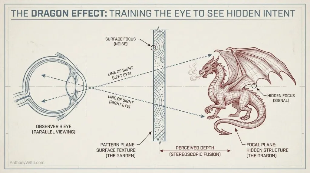 This diagram illustrates stereoscopic fusion and depth perception, suggesting how hidden intent may be visually detected as structure.