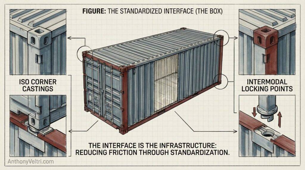 This diagram illustrates how ISO corner castings and locking points support seamless, secure shipping through standardized container design.