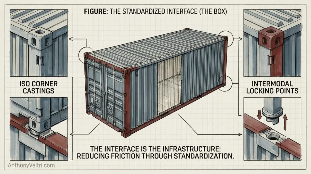 This diagram illustrates how ISO corner castings and locking points support seamless, secure shipping through standardized container design.