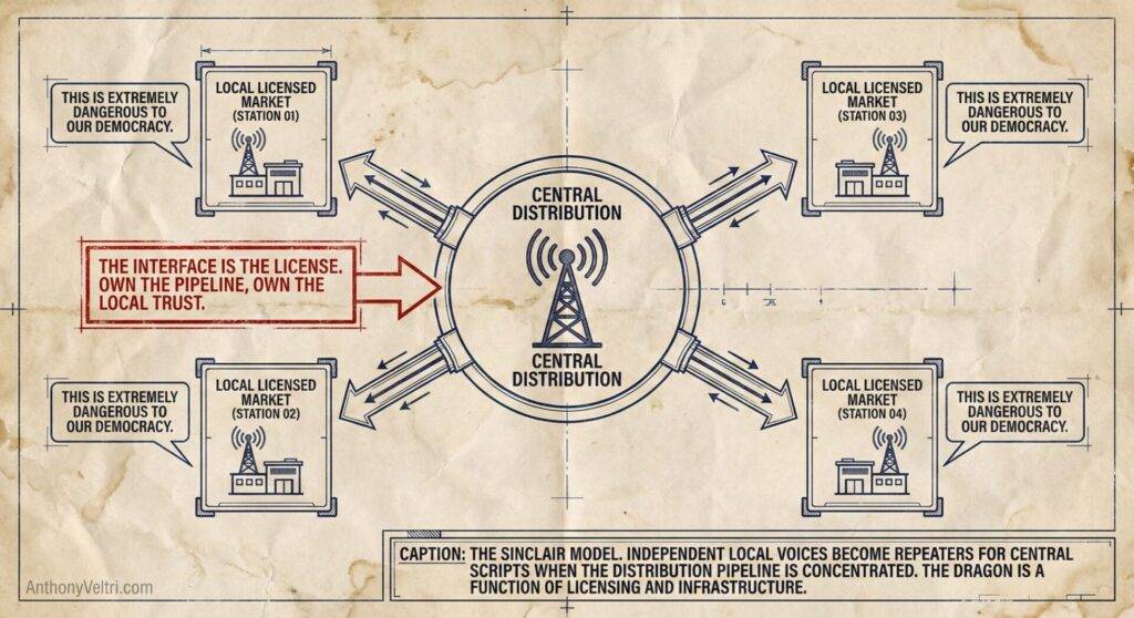 This diagram illustrates centralized distribution, where identical broadcasts can influence multiple local stations' messaging and trust.