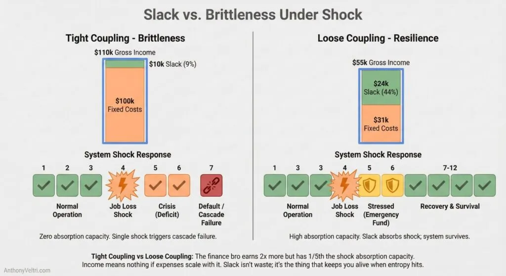 This diagram illustrates how tight versus loose coupling affects resilience, highlighting income, slack, costs, and responses to shocks.