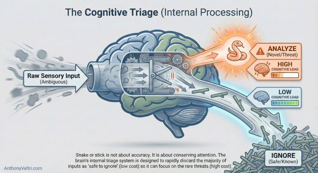 This diagram illustrates how ambiguous input is sorted by the brain into “analyze” (red, threats) or “ignore” (blue/gray, familiar).