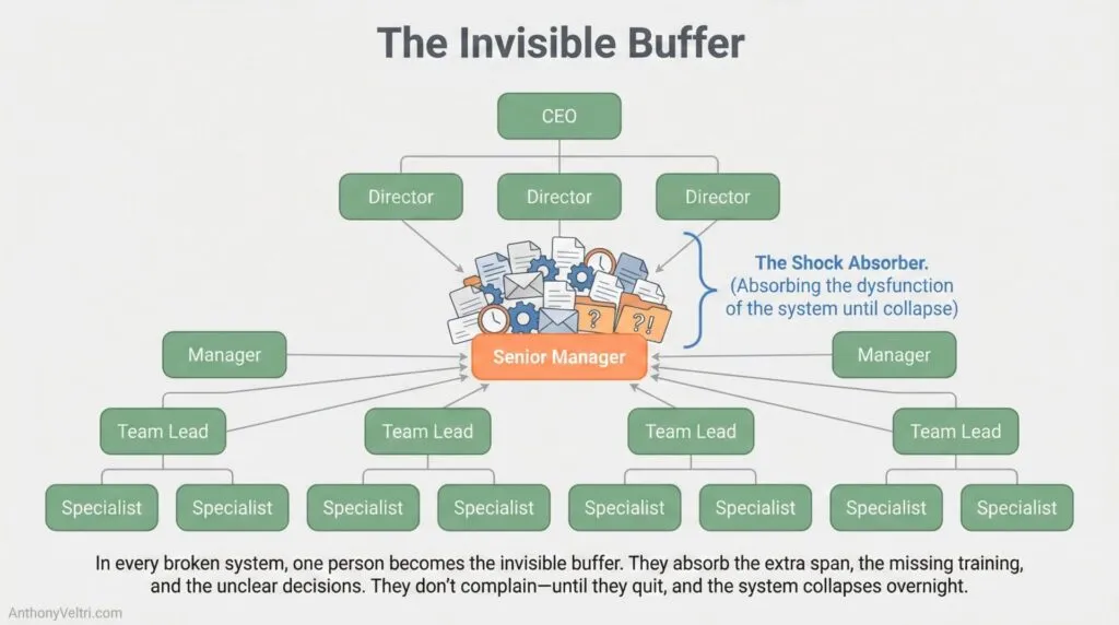 This diagram illustrates how systemic dysfunction may be absorbed at the senior manager level, as seen in this organizational chart.