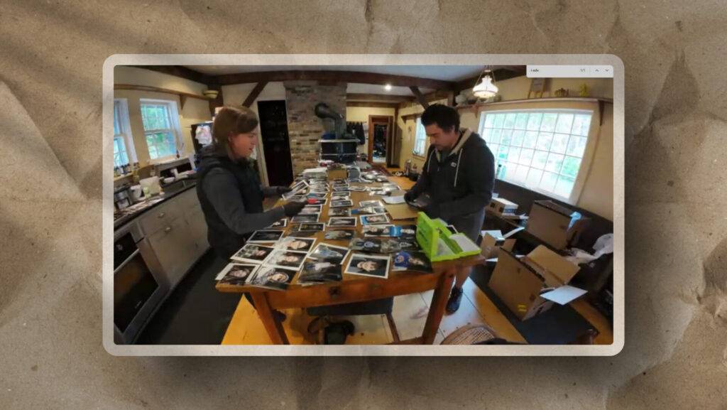 As seen in the workflow, two individuals organize and sign headshots at a wooden table surrounded by photos in a rustic kitchen setting.