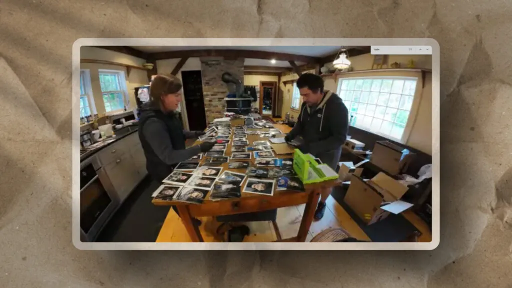 As seen in the workflow, two individuals organize and sign headshots at a wooden table surrounded by photos in a rustic kitchen setting.