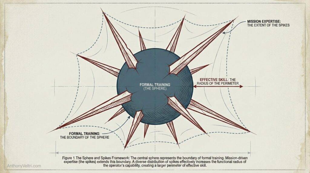 This diagram illustrates how formal training forms a core, while mission expertise extends beyond, together shaping effective skill.