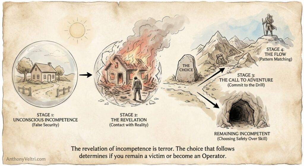This diagram illustrates a four-stage journey: from safety, through crisis and choice, to the divergent paths of growth or stasis.