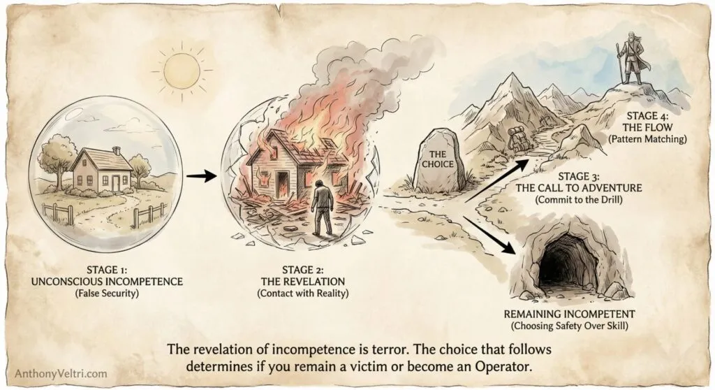 This diagram illustrates a four-stage journey: from safety, through crisis and choice, to the divergent paths of growth or stasis.
