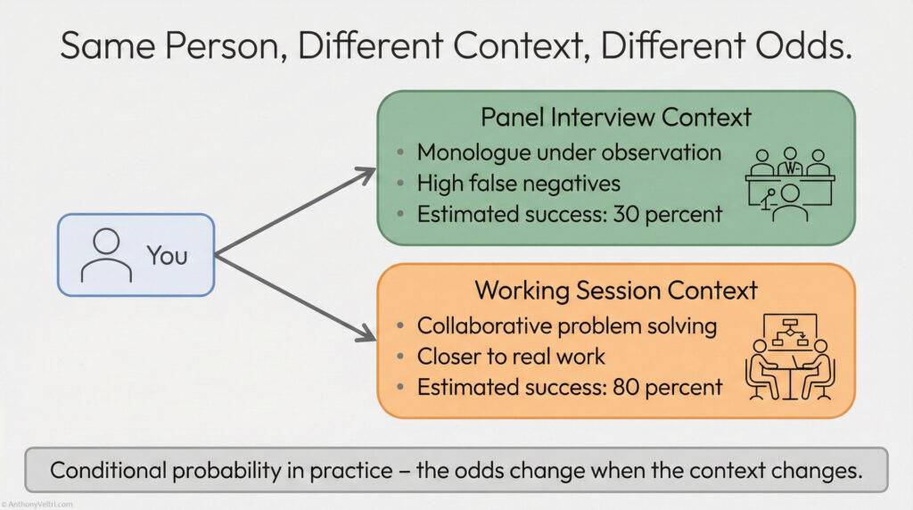 A flowchart compares two interview contexts—panel interview (monologue, 30% success) and working session (collaboration, 80% success)—highlighting how context affects success probability for the same person.