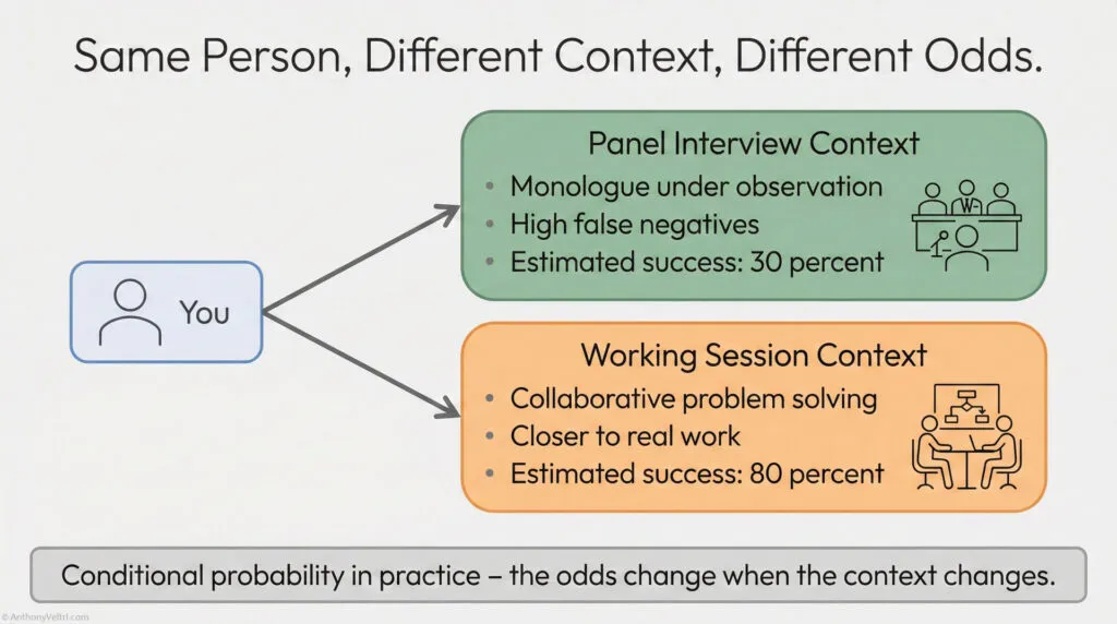 A flowchart compares two interview contexts—panel interview (monologue, 30% success) and working session (collaboration, 80% success)—highlighting how context affects success probability for the same person.
