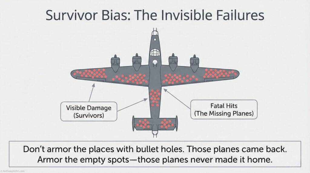Diagram of a plane showing red bullet holes where damage was observed on returning planes, with labels "Visible Damage (Survivors)" and "Fatal Hits (The Missing Planes)", illustrating the concept of survivor bias.