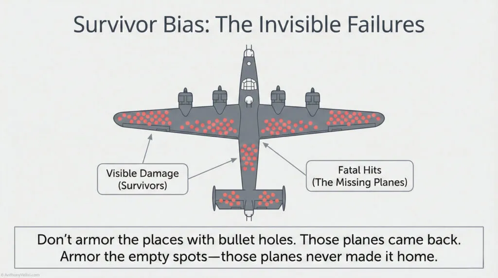 Diagram of a plane showing red bullet holes where damage was observed on returning planes, with labels "Visible Damage (Survivors)" and "Fatal Hits (The Missing Planes)", illustrating the concept of survivor bias.