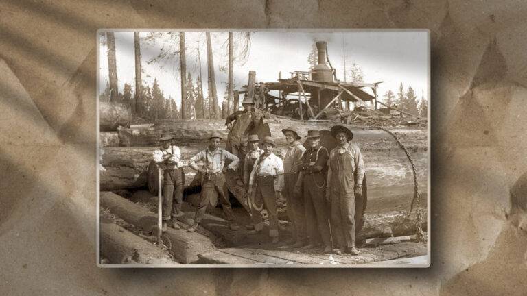 This sepia-toned image highlights early logging practices, as seen by seven men on felled logs amid equipment and pine trees.