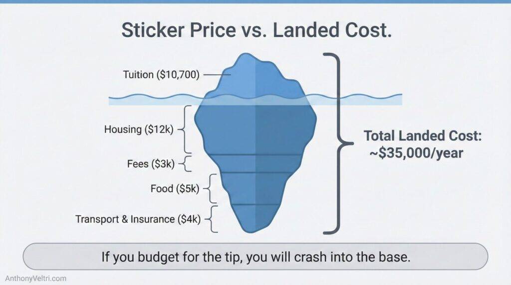 This diagram illustrates that while tuition is visible at $10,700, actual yearly costs often total around $35,000 with other expenses.