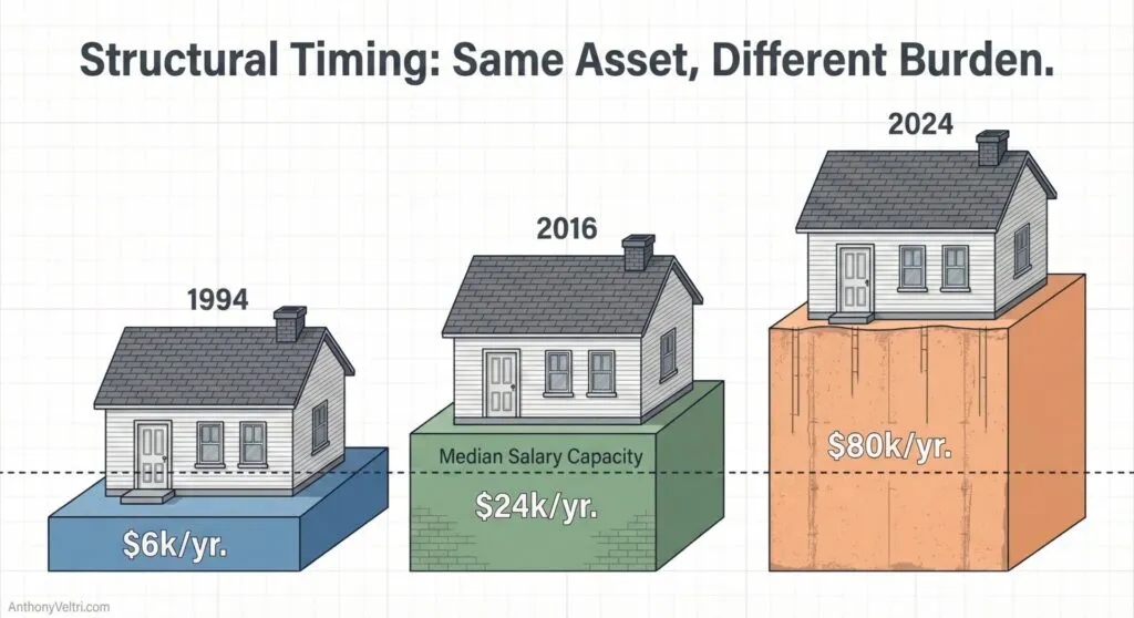 This diagram illustrates rising costs for identical assets over time, as shown by increasing block heights beneath each house.
