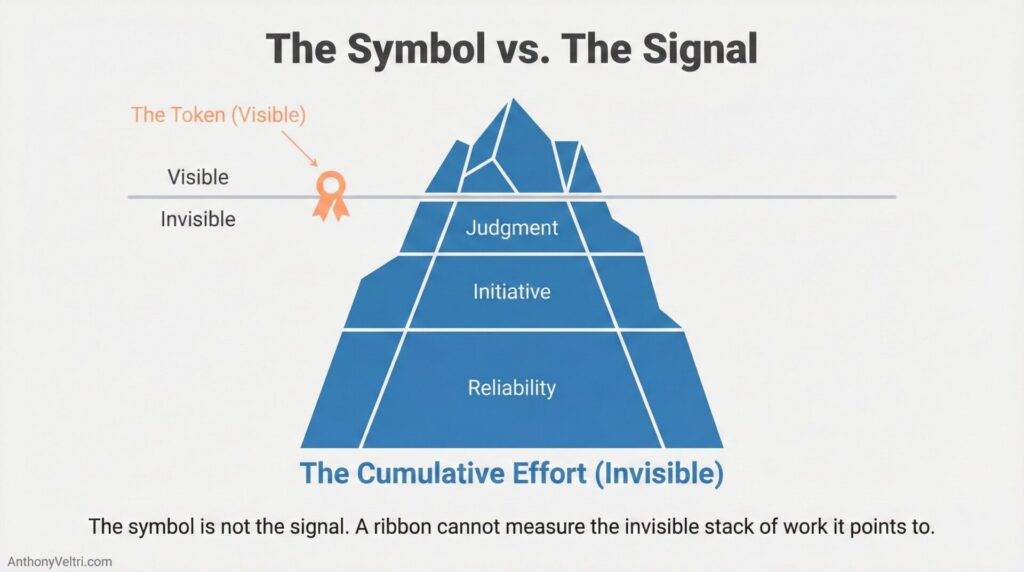 This diagram illustrates how visible achievements often sit atop deeper, less-visible qualities such as judgment, initiative, and reliability.