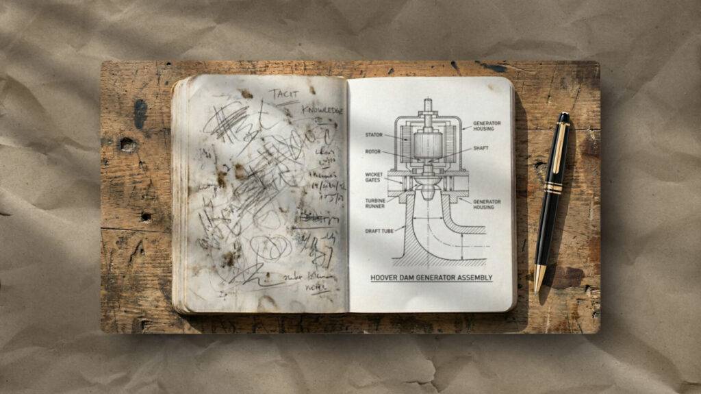 As seen here, early rough sketches evolve into the precise Hoover Dam Generator Assembly diagram, reflecting an iterative process.