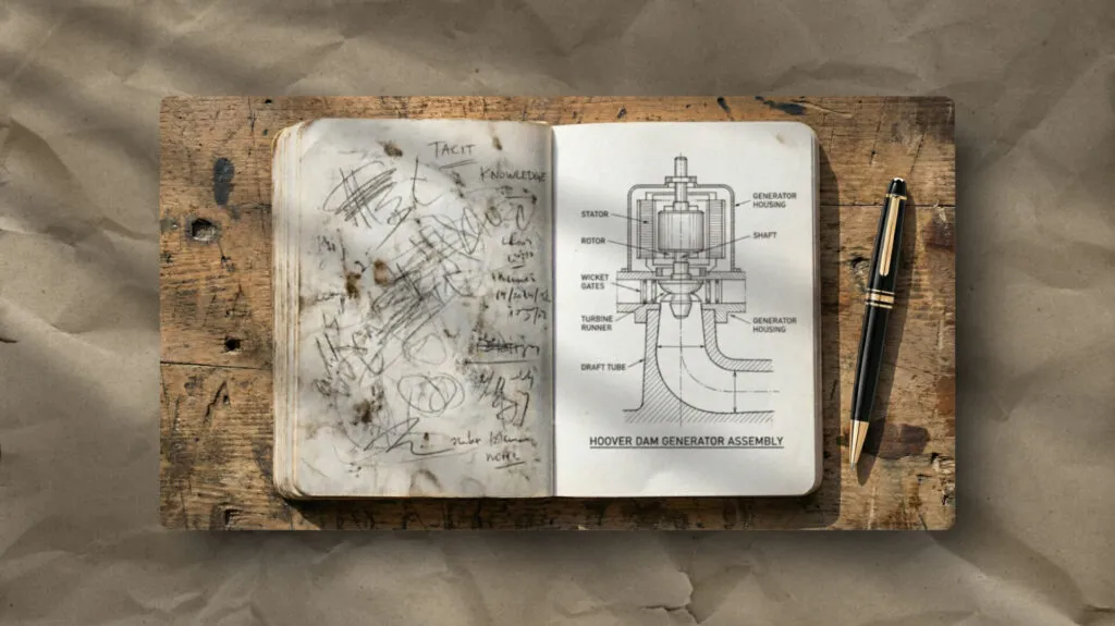 As seen here, early rough sketches evolve into the precise Hoover Dam Generator Assembly diagram, reflecting an iterative process.