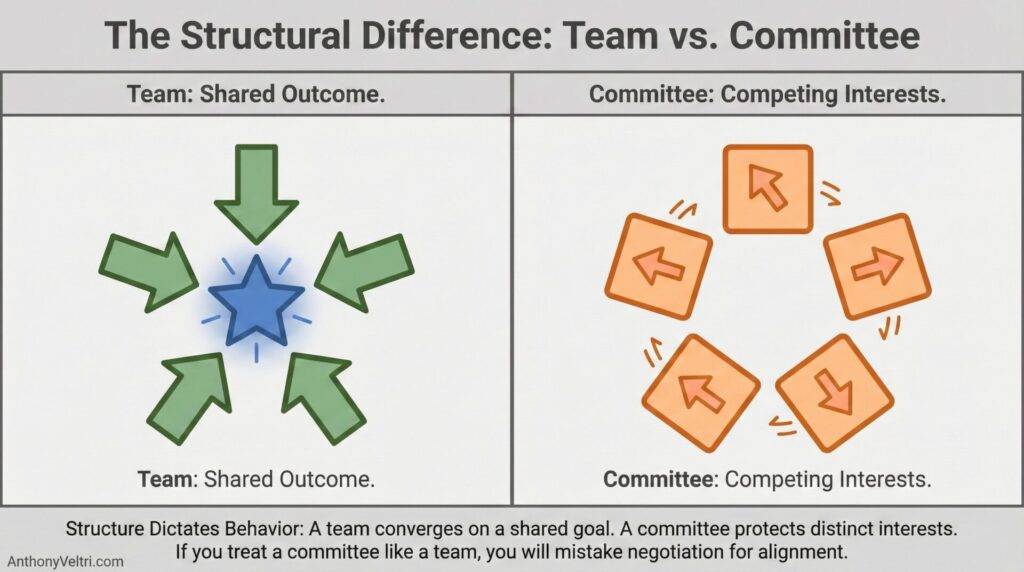 This diagram illustrates structural differences between teams, focused on shared outcomes, and committees with competing interests.