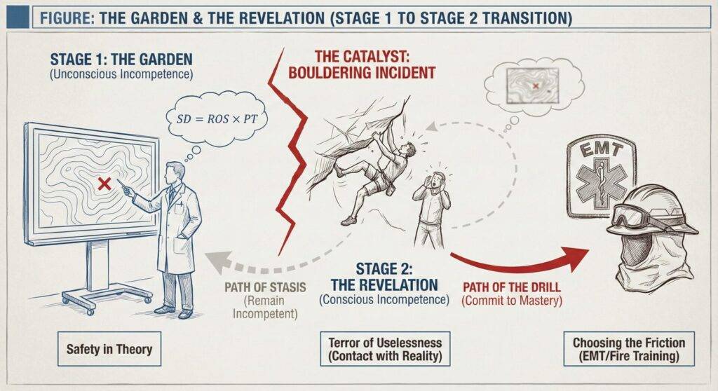 This diagram illustrates a shift from theoretical study to hands-on engagement, as represented by symbols of science and field response.