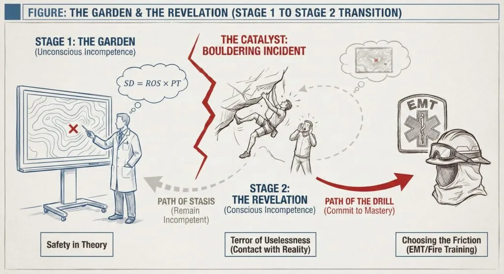This diagram illustrates a shift from theoretical study to hands-on engagement, as represented by symbols of science and field response.