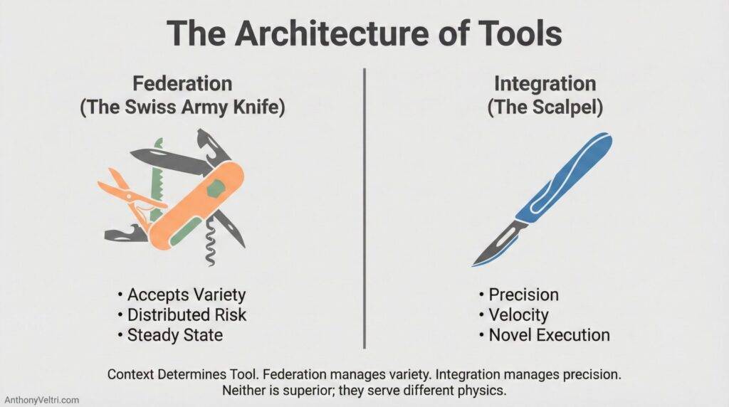 This diagram illustrates Federation as a versatile Swiss Army Knife and Integration as a precise scalpel, highlighting differing approaches.