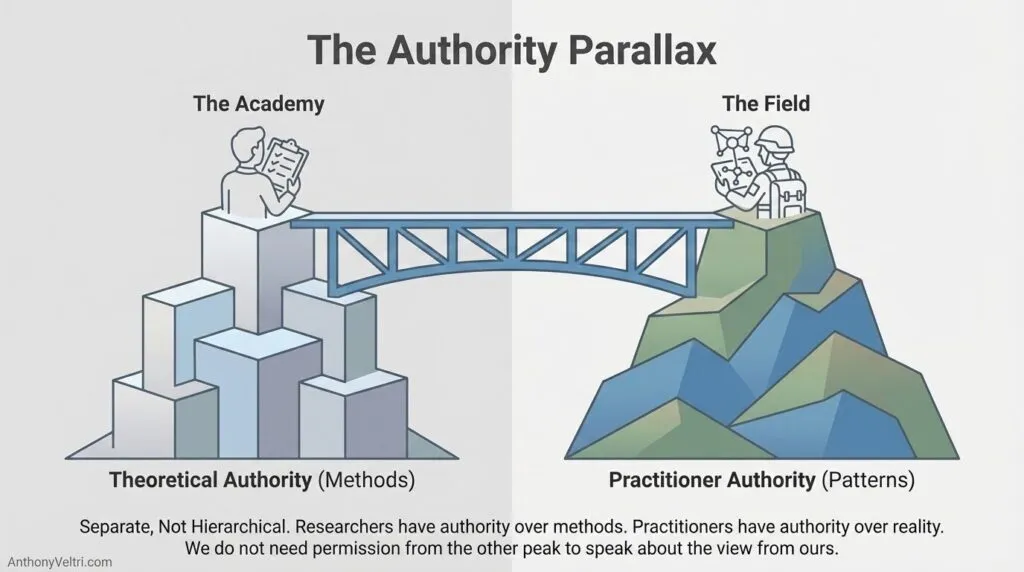 This diagram contrasts "The Academy" and "The Field," suggesting distinctions in authority between theorists and practitioners.