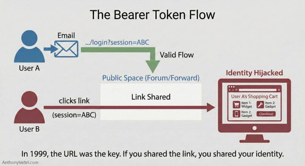 This diagram illustrates how public sharing of login links in 1999 could compromise session security by exposing user identity.
