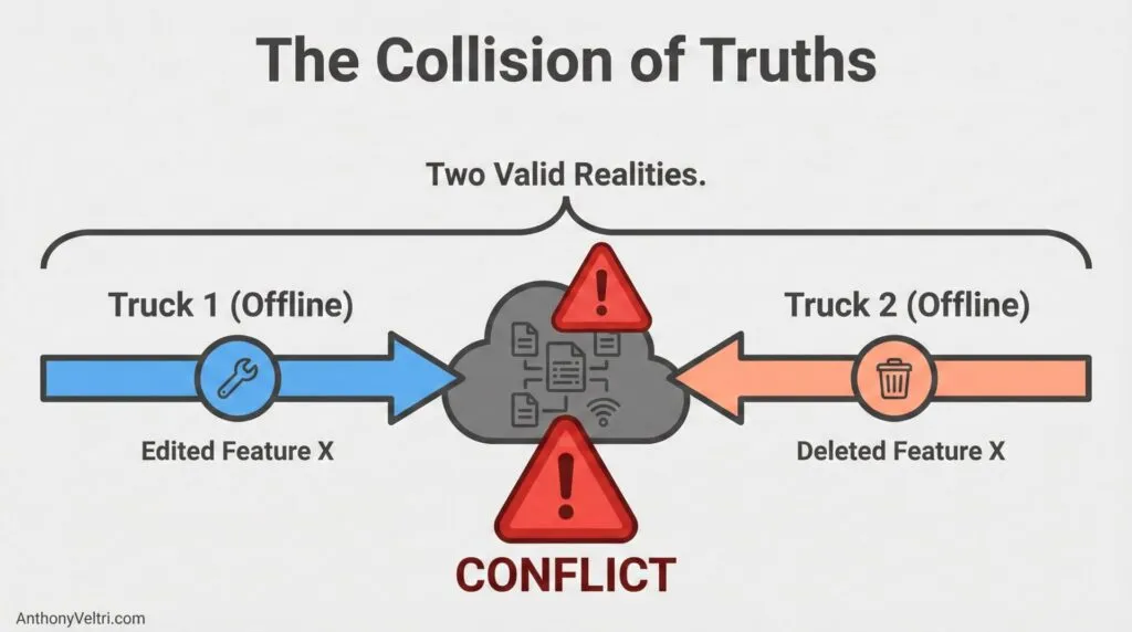 This diagram illustrates how conflicting offline changes—editing and deleting the same feature—converge, resulting in a conflict.