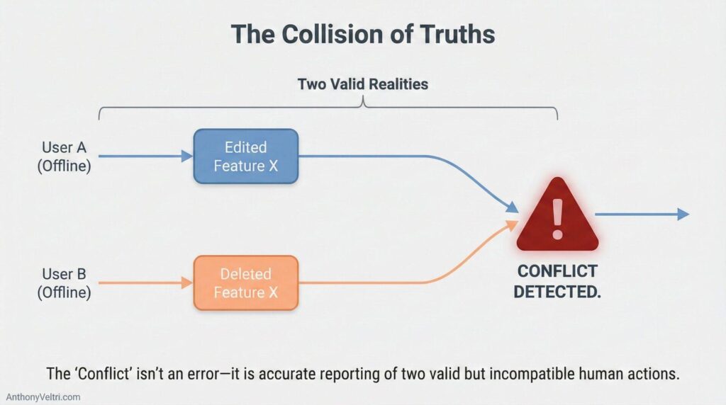 This diagram illustrates how offline actions by different users can result in a conflict when edits and deletions overlap.