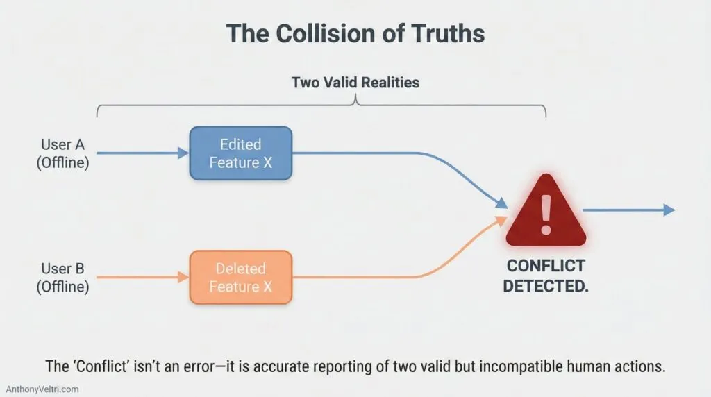 This diagram illustrates how offline actions by different users can result in a conflict when edits and deletions overlap.