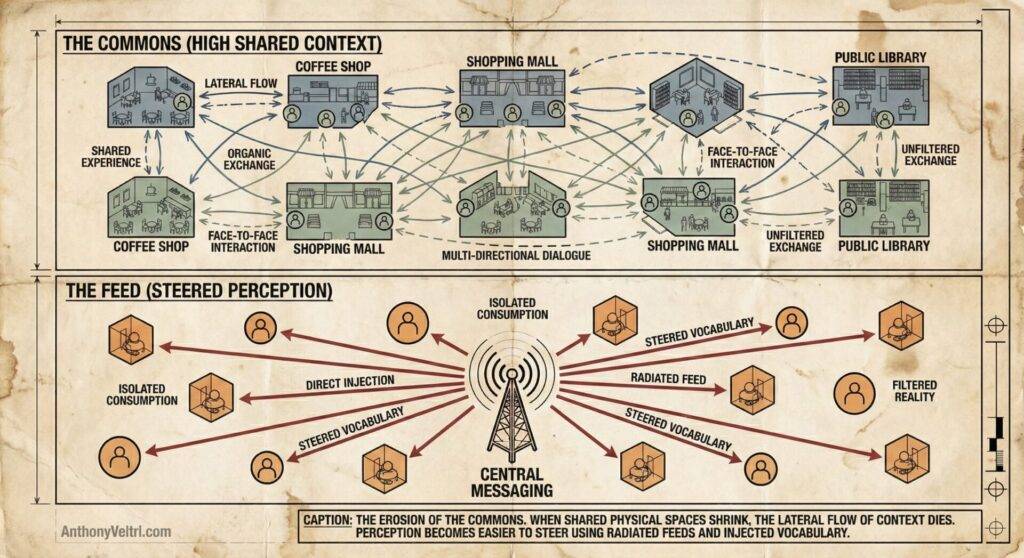 This diagram illustrates “The Commons” as fostering shared experience, while “The Feed” suggests isolated, filtered engagement.