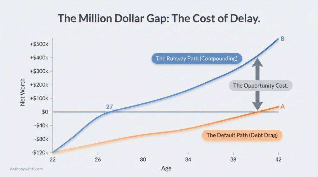 This diagram illustrates that delaying the "Runway Path" may result in a significant opportunity cost compared to the "Default Path.