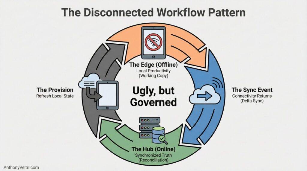 This diagram illustrates the Disconnected Workflow Pattern, highlighting governed stages from offline edge to online hub in a cyclical flow.