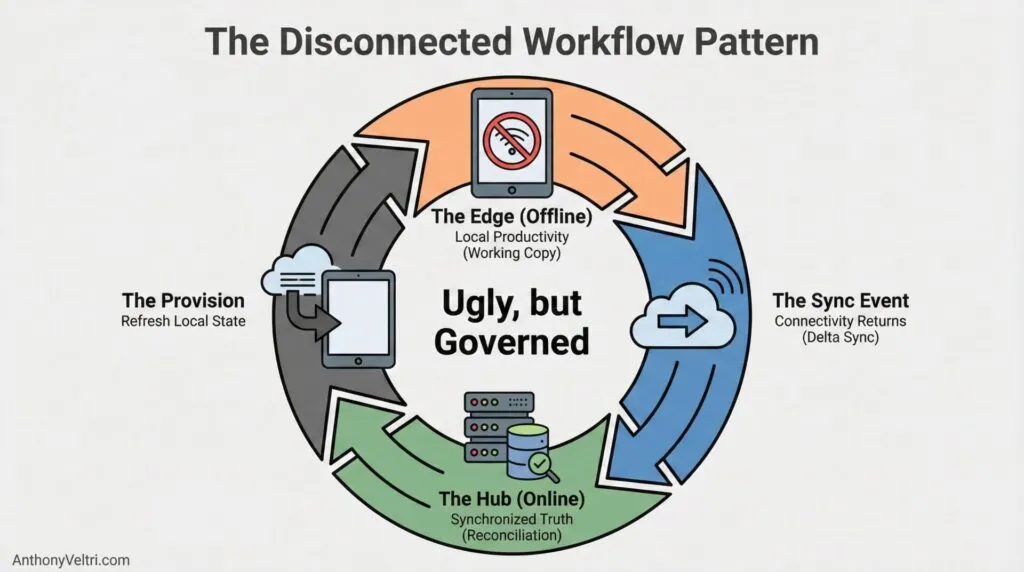 This diagram illustrates the Disconnected Workflow Pattern, highlighting governed stages from offline edge to online hub in a cyclical flow.