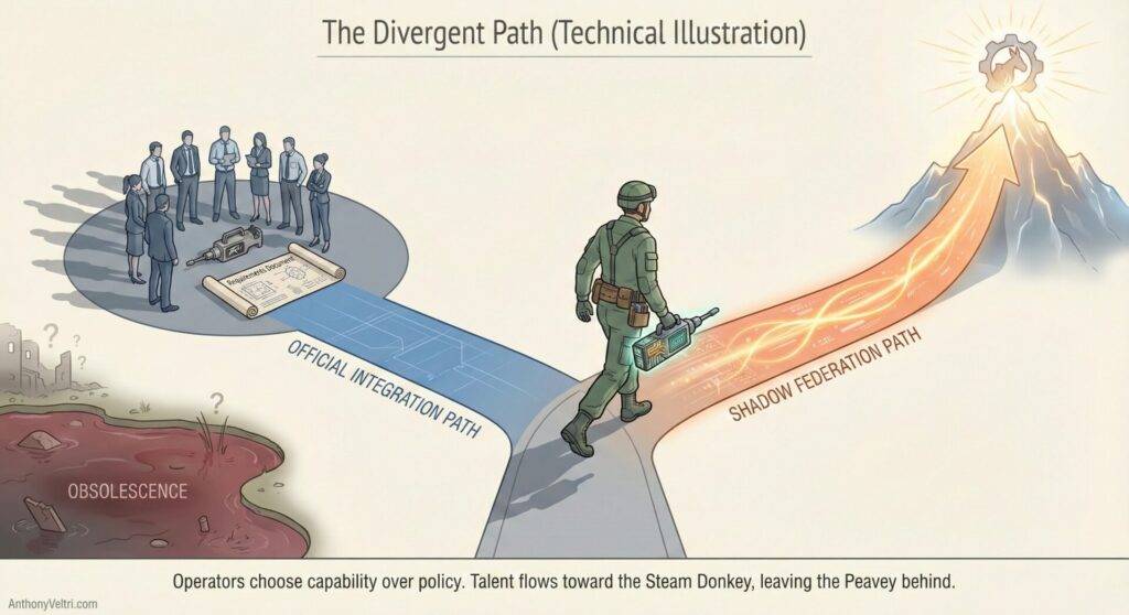 This diagram illustrates how operators may encounter a choice between official policy routes and alternative capability-driven paths.