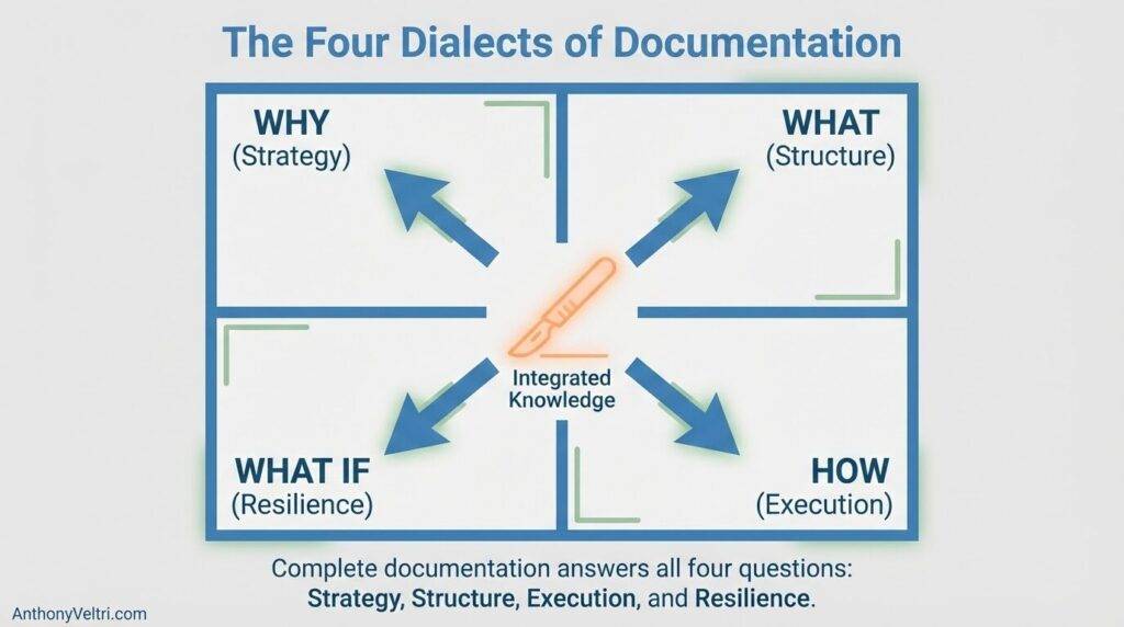 This diagram illustrates how effective documentation integrates strategy, structure, execution, and resilience for comprehensive knowledge.