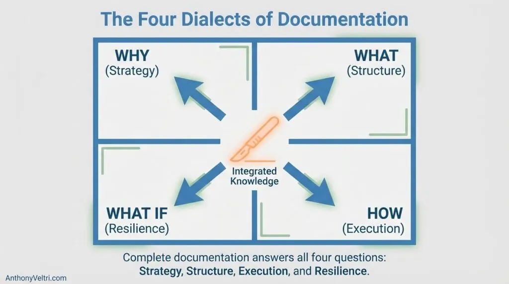 This diagram illustrates how effective documentation integrates strategy, structure, execution, and resilience for comprehensive knowledge.