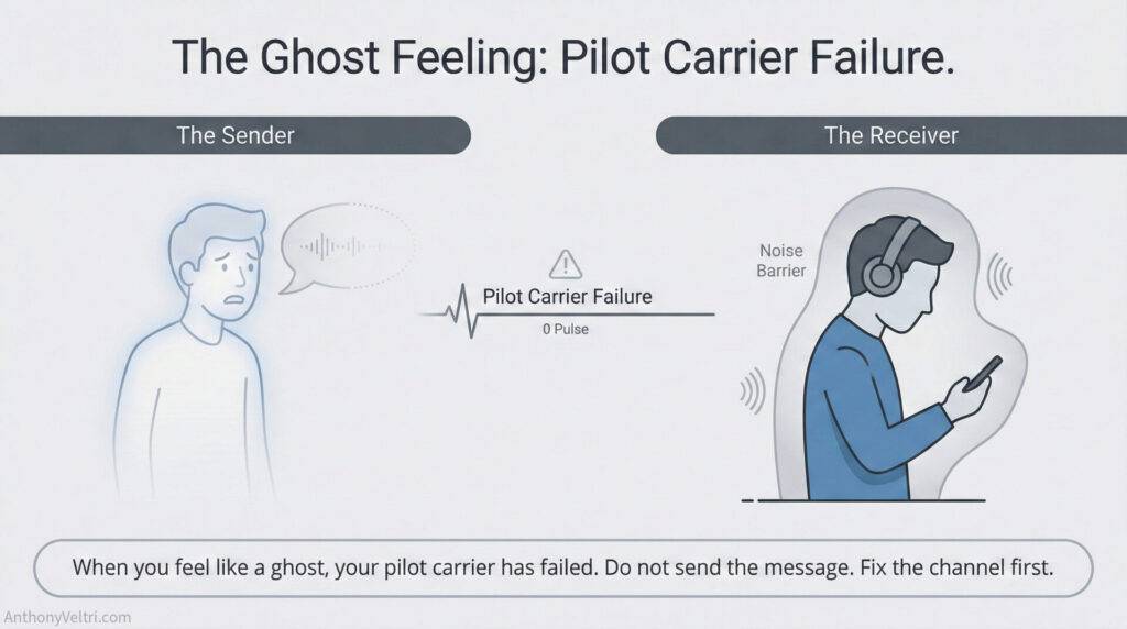 This diagram illustrates how pilot carrier signal failure, combined with external noise, can disrupt effective communication paths.
