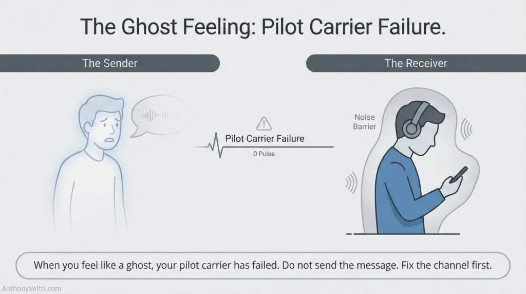 This diagram illustrates how pilot carrier signal failure, combined with external noise, can disrupt effective communication paths.