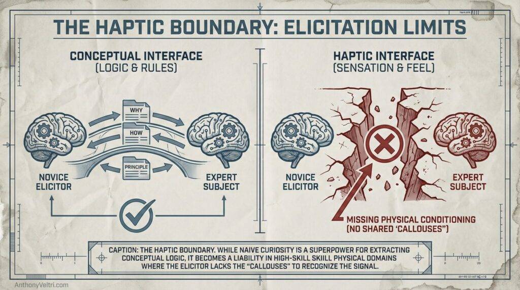 This diagram illustrates how novices access expert logic but may miss tacit know-how shaped by shared physical experience.