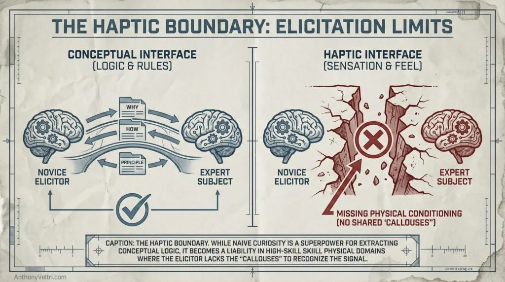 This diagram illustrates how novices access expert logic but may miss tacit know-how shaped by shared physical experience.