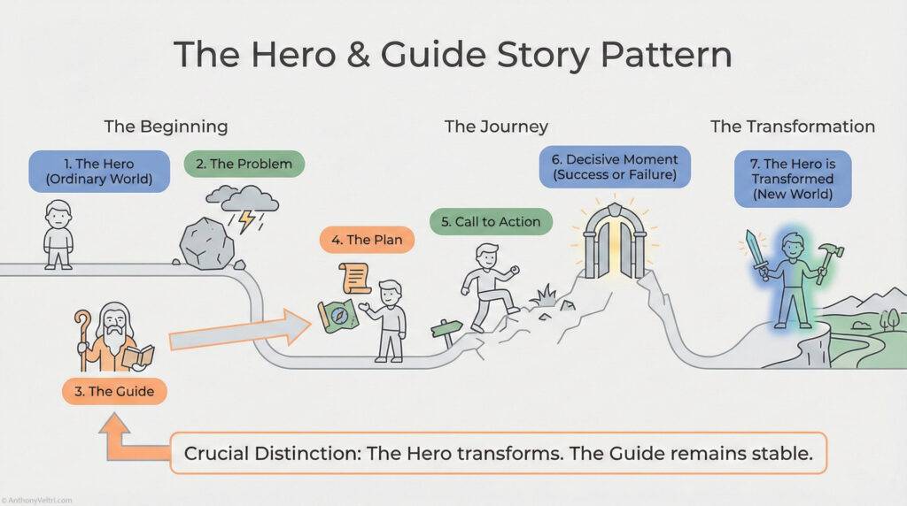 Infographic showing "The Hero & Guide Story Pattern" with stages: Hero, Problem, Guide, Plan, Call to Action, Decisive Moment, and Hero’s Transformation, illustrating the hero’s journey and transformation, while the guide remains unchanged.