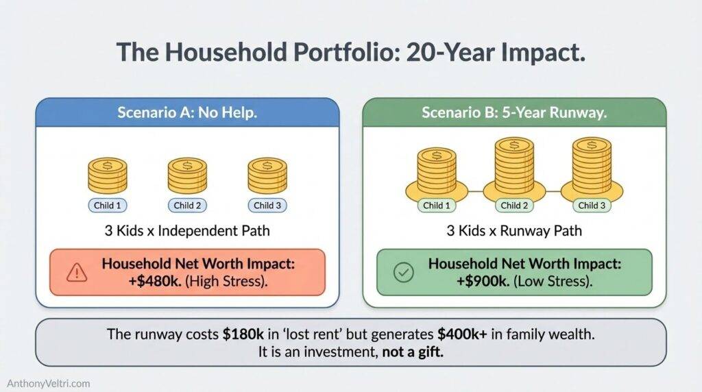 This diagram illustrates that a 5-year runway, while costing $180k, correlates with a household net worth increase of over $400k.