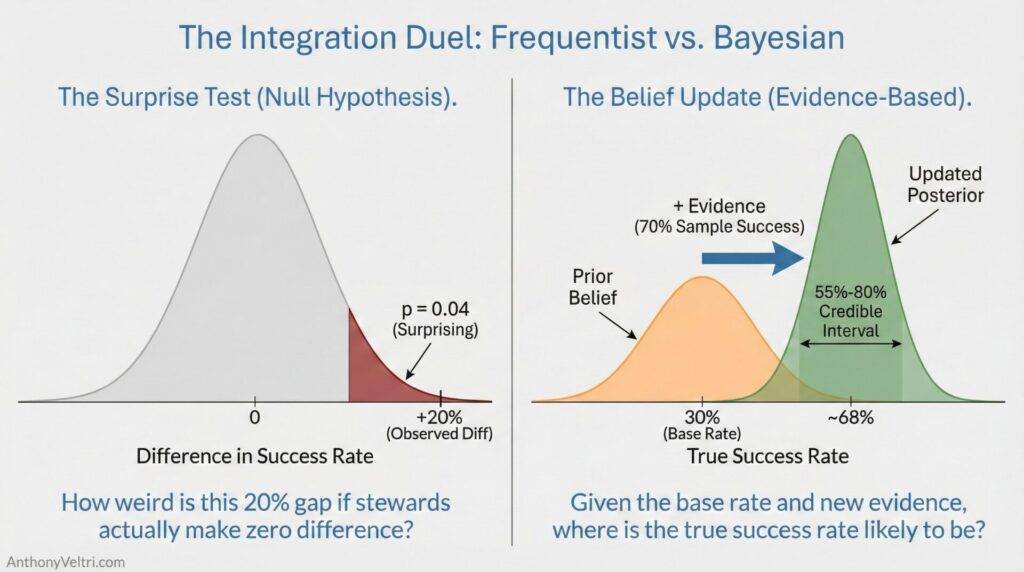 This diagram illustrates how Frequentist and Bayesian approaches assess a 20% difference, highlighting p-values and credible intervals.