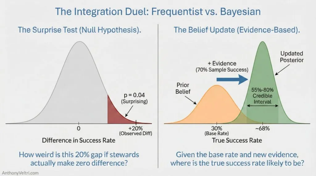 This diagram illustrates how Frequentist and Bayesian approaches assess a 20% difference, highlighting p-values and credible intervals.